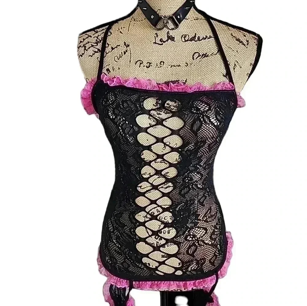 SEXY Stretchy one piece goth princess core all lace body suit. Size Xl